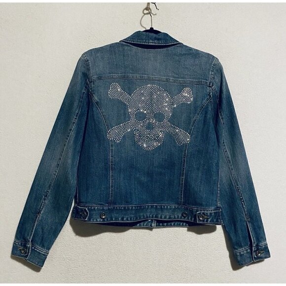 INC International Concepts Jacket Womens Medium Denim Rhinestone Skull Boho - Picture 3 of 6